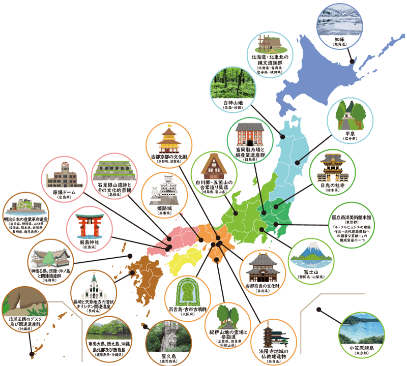 日本の世界遺産 一覧 語呂合わせ マンガで暗記 都道府県らくがき